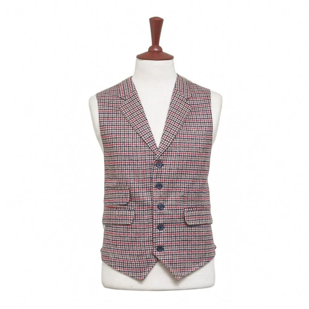 Mens Plaid Check Vest 44R Red Blue Beige Wool Waistcoat XL Western Casual Preppy